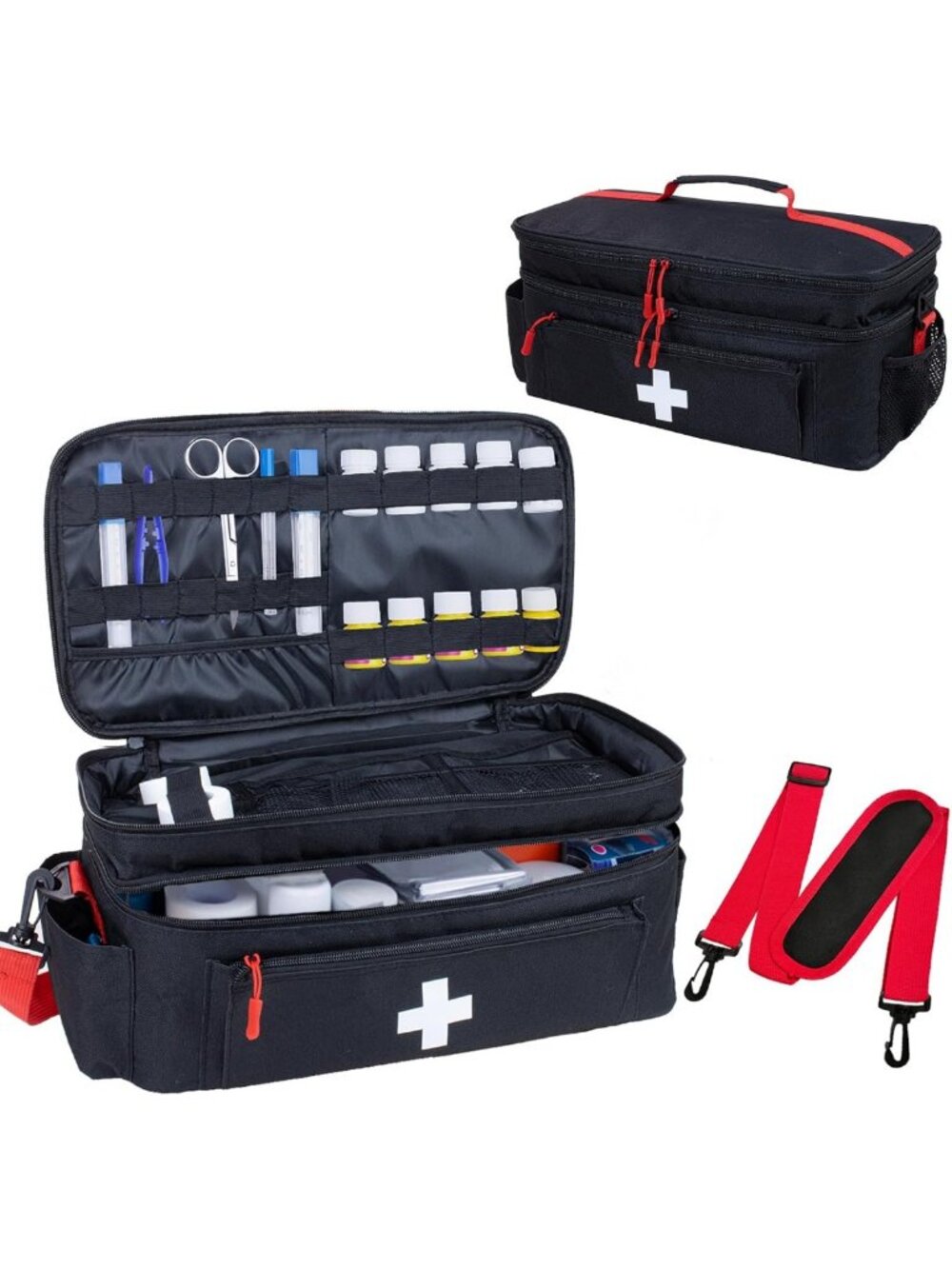 Large Empty First Aid Bag with Shoulder Strap - Medical Organizer for Home, Car